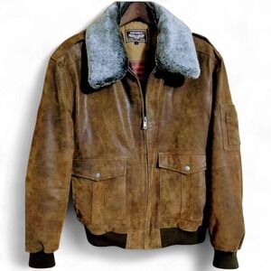 FLAVOR Leather Bomber Jacket – Air Force Aviator Style, Real Cowhide, Brown, L